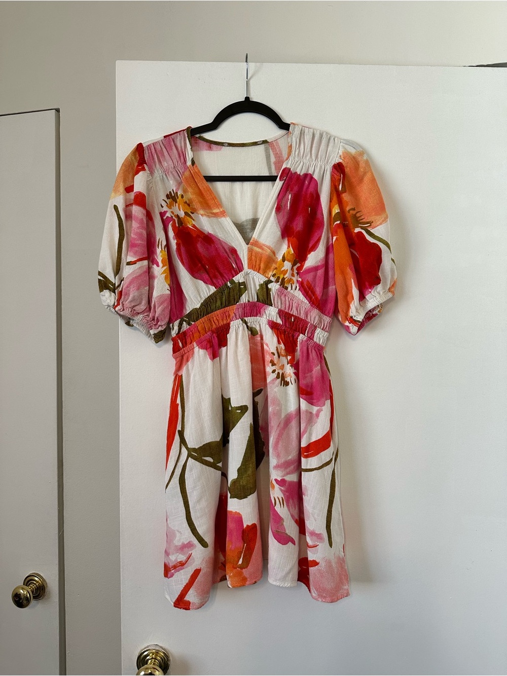 Floral Puff-Sleeve Mini Dress - Pink, Orange & Cream